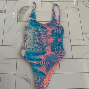 Pink and blue tropical floral one piece